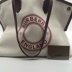 Burberry Canvas & Burgundy Leather Logo Tote | Summer Essential | Includes Care